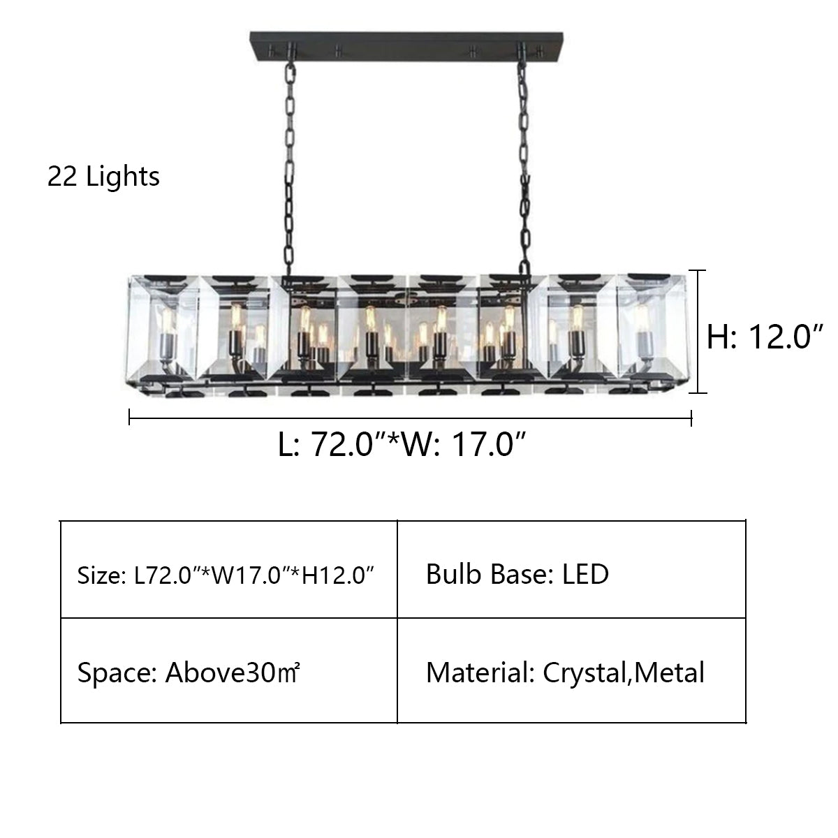 L72.0"*W17.0"*H12.0" Tundra Crystal Rectangular Chandelier,CHANDELIER,chandeliers,pendant,rectangle,ceiling,longg table,crystal,metal,black,minimalist,dining table,dining bar,kitchen bar,kitchen island