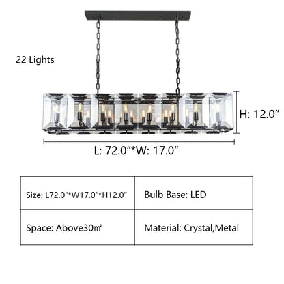 L72.0"*W17.0"*H12.0" Tundra Crystal Rectangular Chandelier,CHANDELIER,chandeliers,pendant,rectangle,ceiling,longg table,crystal,metal,black,minimalist,dining table,dining bar,kitchen bar,kitchen island