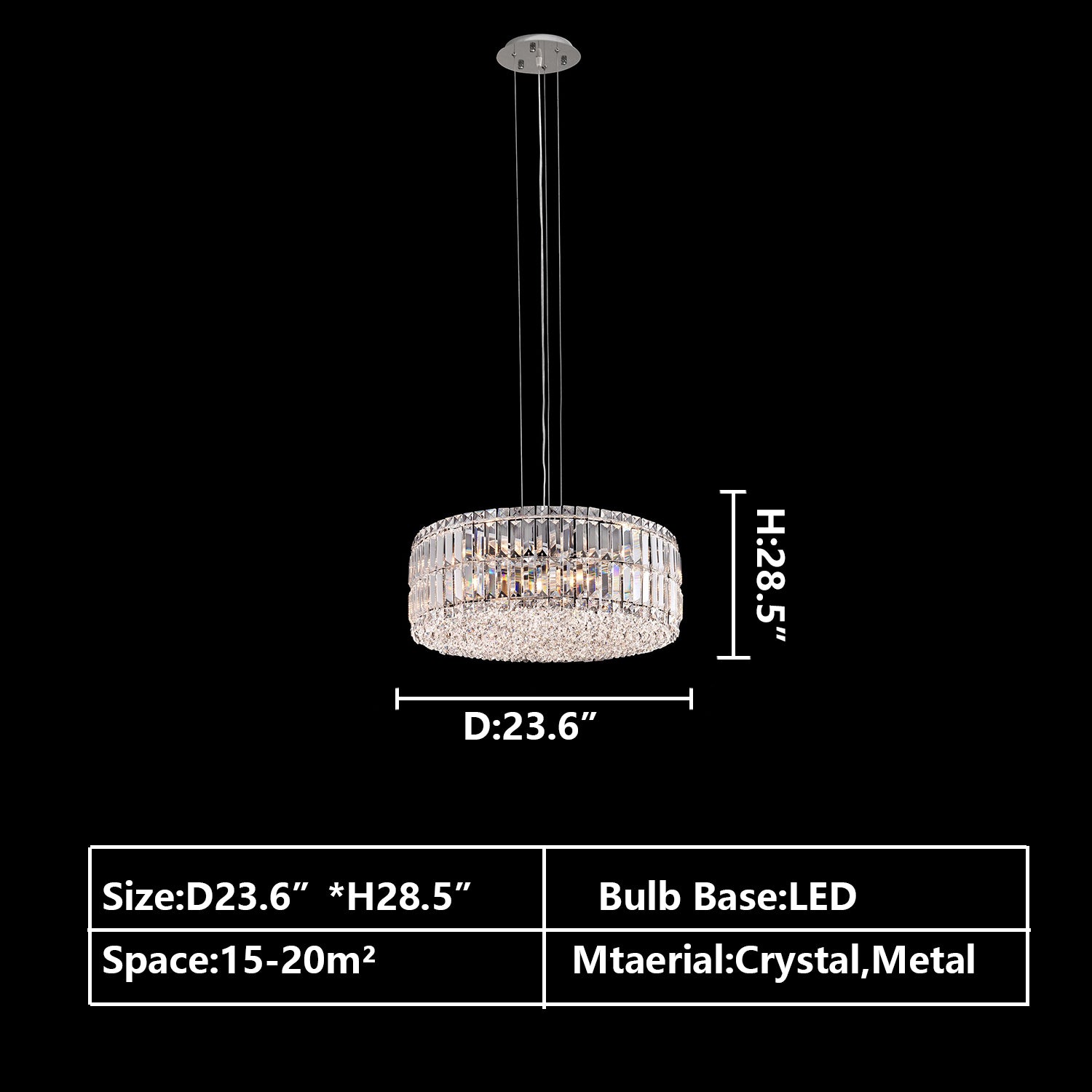  Round:D23.6"*H28.5" chandelier,chandeliers,pendant,round,oval,ceiling,crystal,metal,chrome,silver,clear crystal,adjustable,chain,light luxury,luxury,living room,dining room,foyer,entrys,hallway,bathroom,bedroom,home office