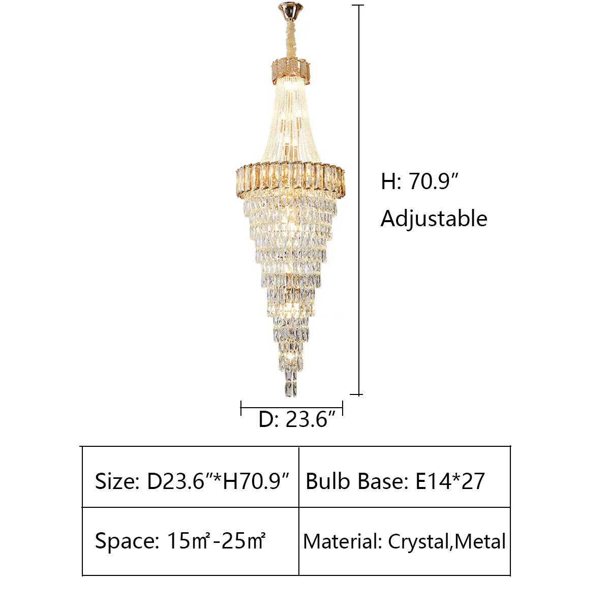 D23.6"*H70.9" chandelier,chandeliers,pendant,crystal,high quality k9 crystal,metal,gold,black,clear crystal,oversized,extra large,large,big,huge,,luxury,light luxury,ceiling,crystal chain,rods,living room,foyer,entrys,big hallway,spiral staircase,stairs,entryance,loft,duplex hall,hotel lobby