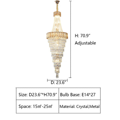 D23.6"*H70.9" chandelier,chandeliers,pendant,crystal,high quality k9 crystal,metal,gold,black,clear crystal,oversized,extra large,large,big,huge,,luxury,light luxury,ceiling,crystal chain,rods,living room,foyer,entrys,big hallway,spiral staircase,stairs,entryance,loft,duplex hall,hotel lobby