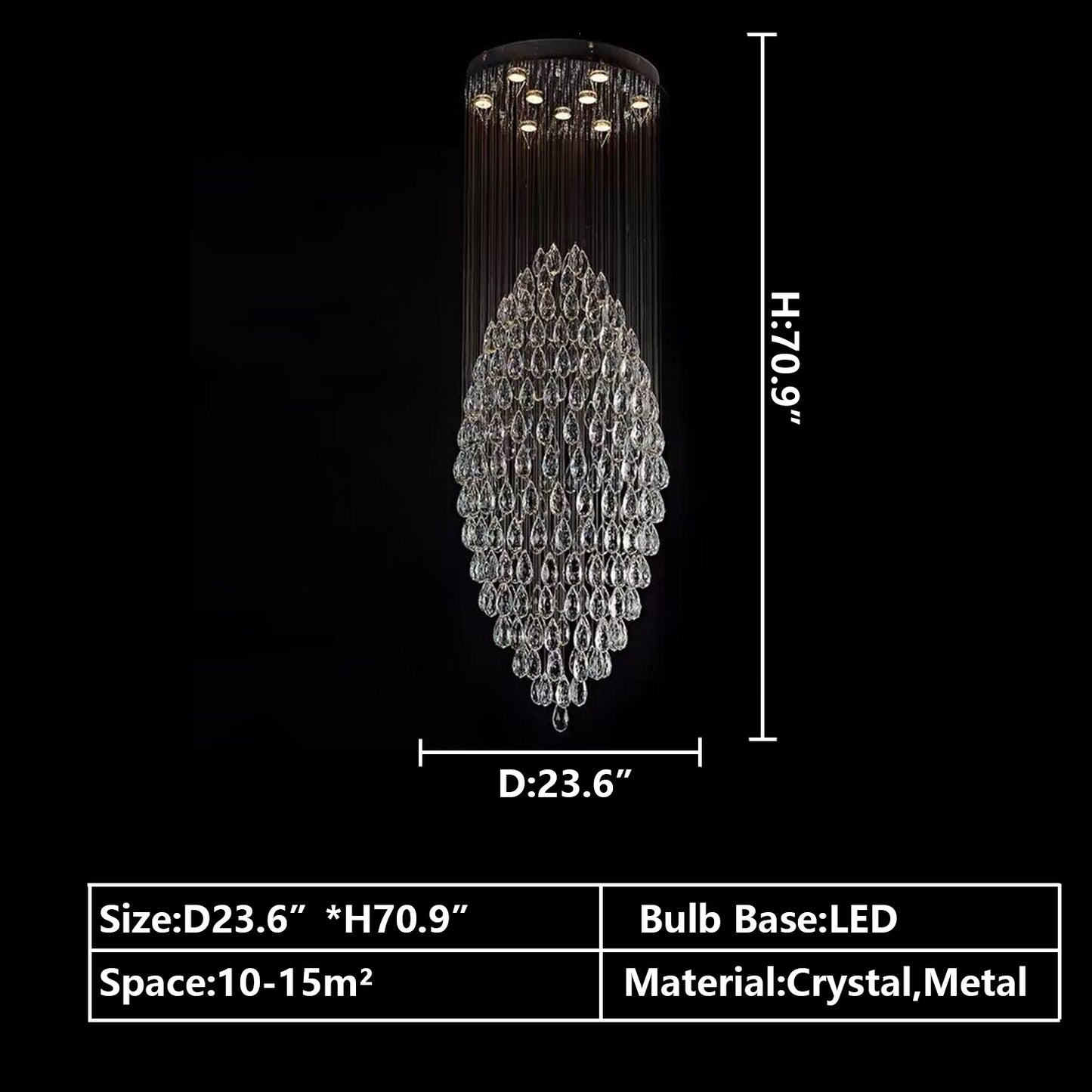 D23.6"*H70.9" chandelier,chandeliers,crystal,pendant,metal,oval,extra large,large,huge,big,oversized,long,raindrop,teardrop,flush mount,ceiling,living room,dining room,foyer,stairs,spiral staircase,entrys,hallway,hotel lobby,duplex hall,loft