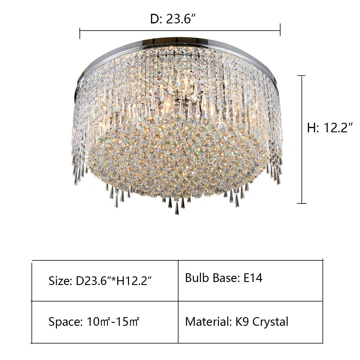 D23.6"*H12.2"' chandelier,chandeliers,flush mount,ceiling,luxury,chrome,round,tiers,crystal beads,k9 crystal,pendant,living room,dining room,bedroom,bathroom,hallway,entrys