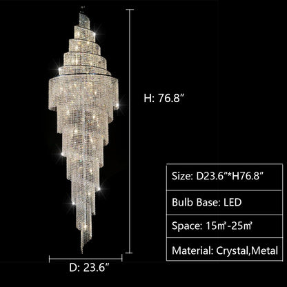  D23.6"*H76.8" chandelier,chandeliers,pendant,crystal,metal,chrome,luxury,spiral,extra long,extrao large,large,long,oversized,huge,big,crystal chain,round,stairs,foyers,entrys,hotel lobby,loft,duplex hall