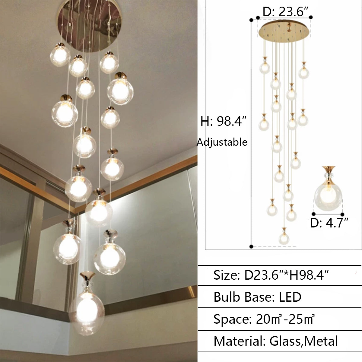 15Lights: D23.6"*H98.4" chandelier,chandeliers,ceiling,glass,metal,glass shade,ball,gold,sphere,round,ceiling,adjustable,extra long,long,living room,dining room,stairs,loft,entrys,hallway,duplex hall