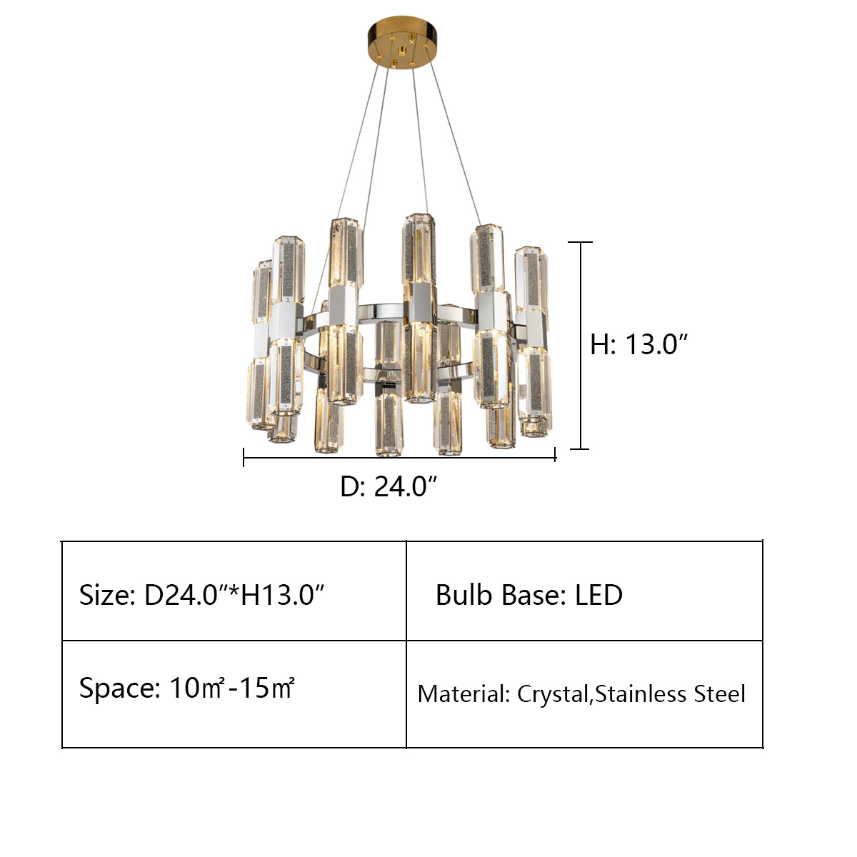 D24.0"*H13.0" OLIVIA 1-TIER ROUND CRYSTAL LED CHANDELIER,chandelier,chandeliers,pendant,light,lamp,crytsal,gold,luxury,rods,stainless steel,branch,round,rings,circle,luxury,chain,living roo,foyer,dining room,bedroom,enytrys,hallway