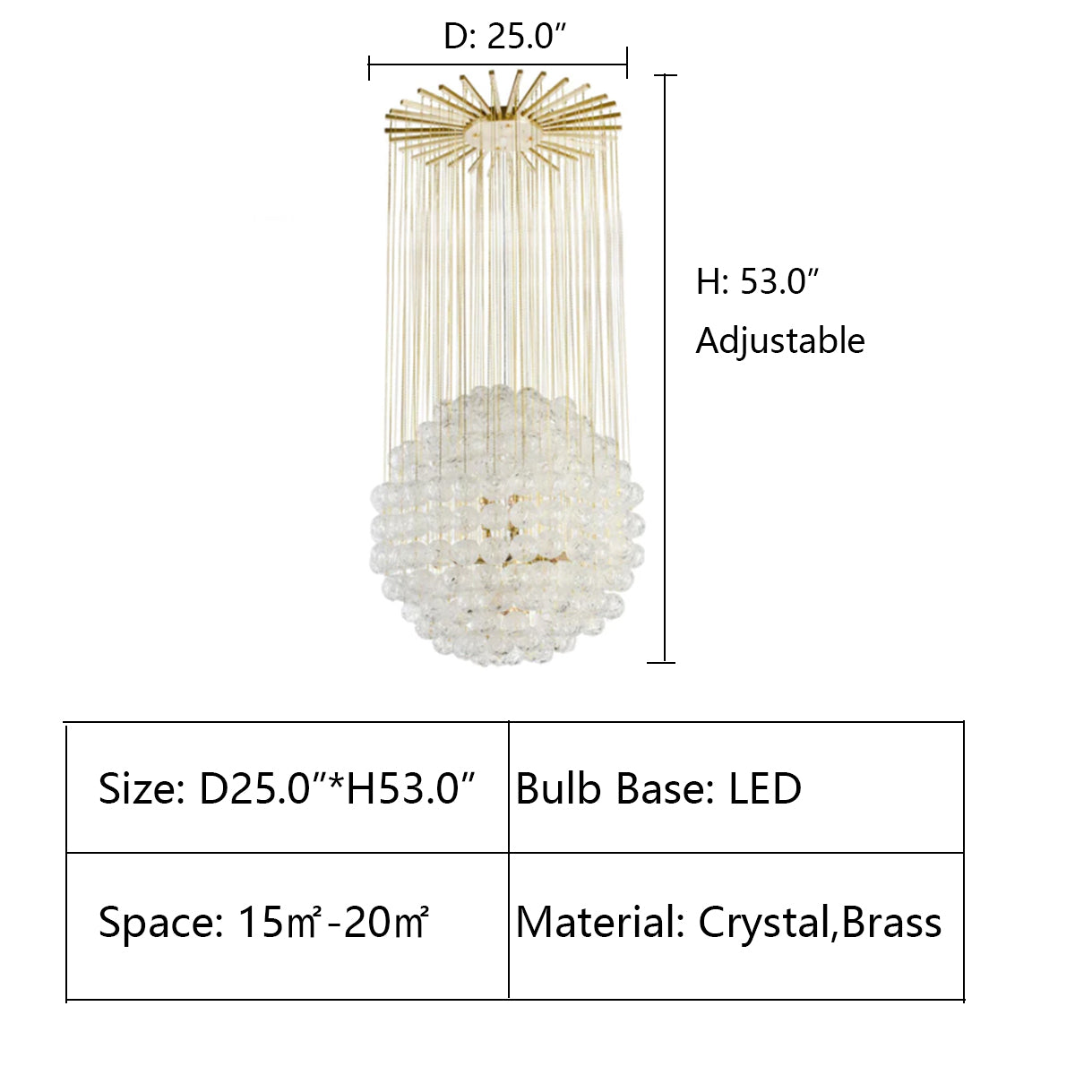 D25.0"*H53.0" chandelier.chandeliers,pendant,branch,round,ball,crystal,brass,metal,gold,luxury,LED,ceiling,chain,living room,dining room,foyer,stairs,entrys,kitchen island