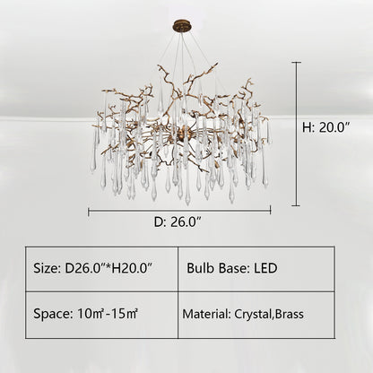 D26.0"*H20.0"  LUKAS EXTENDED TEARDROP BRANCHING BRASS ROUND CHANDELIER,chandelier,chandeliers,crystal,branch,gold,brass,copper,raindrop,ceiling,living long,extra large,oversized,big,huge,large,long table,big table,dining table,kitchen island,kitchen bar,dining bar