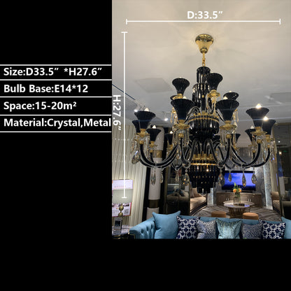 12 Lights: D33.5"*H27.6" candle,chandelier,chandeliers,pendant,black,gold,branch,raindrop,teardrop,crystal,metal,ceiling,tiers,layers,multipe,oversized,luxury,modern,post-modern,living room,dining room,bedroom,foyer,entrys,hallway