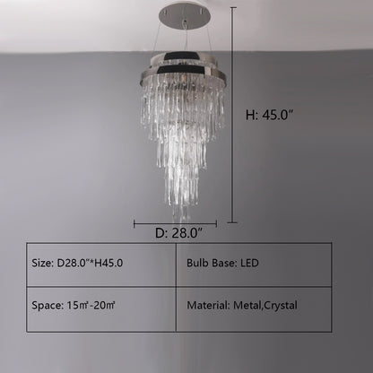 D28.0"*H45.0"  LAVAL WATERFALL TUBULAR FOYER CHANDELIER,chandelier,chandeliers,crystal,metal,luxury,multi-tier,large,oversize,huge,big,long,pendant,ceiling,layers,waterfall light,foyer,living room,high-ceiling room,high ceiling,stairs