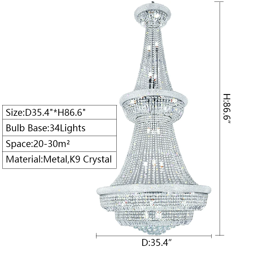 86.6inch two layers extra length Silver Extra Large Crystal Chandelier Foyer Entryway Long Ceiling Lighting Fixture For Staircase