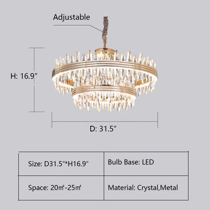 2Layers: D31.5"*H16.9" chandelier,chandeliers,pendant,round,rings,ultirings,multitier,tiers,layers,creative,art,crystal,metal,gold,clear crystal,living room,dining room,bedroom,bar,kitchen island,ceiling