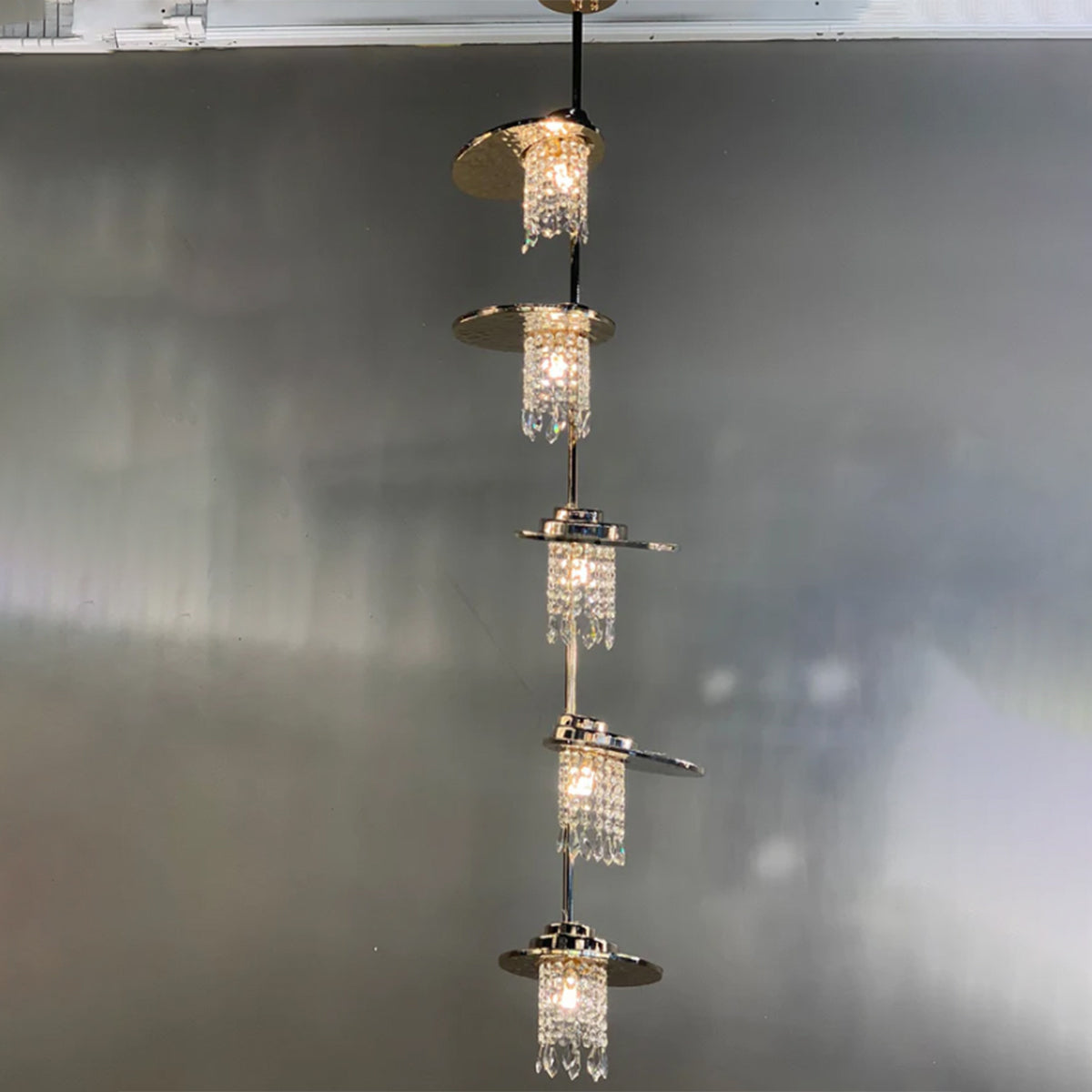 Alena Foyer Crystal Pendant Chandelier 96253/5,chandelier,chandeliers,pendant,crystal,metal,clear,chrome,silver,multiple,multi-tier,layers,linear,round,crystal pendant,ceiling,foyer,hallway,entryance,entrys