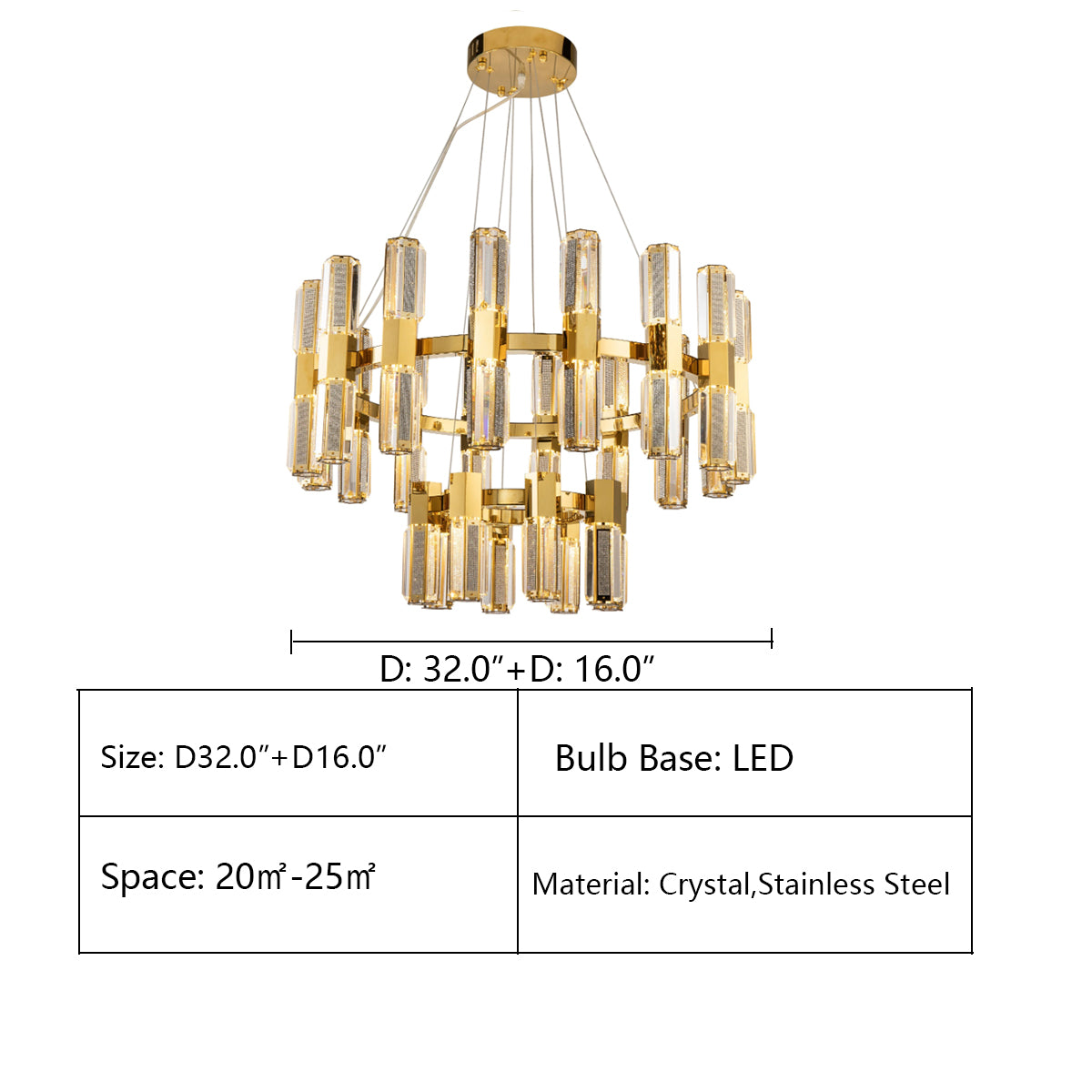 D32.0"+D16.0" OLIVIA 1-TIER ROUND CRYSTAL LED CHANDELIER,chandelier,chandeliers,pendant,light,lamp,crytsal,gold,luxury,rods,stainless steel,branch,round,rings,circle,luxury,chain,living roo,foyer,dining room,bedroom,enytrys,hallway