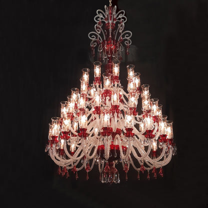 Oversized Traditional Red Glass Multi-layer Candle Branch Crystal Chandelier for Foyer/Stairs/Entrys/Hotel Lobby