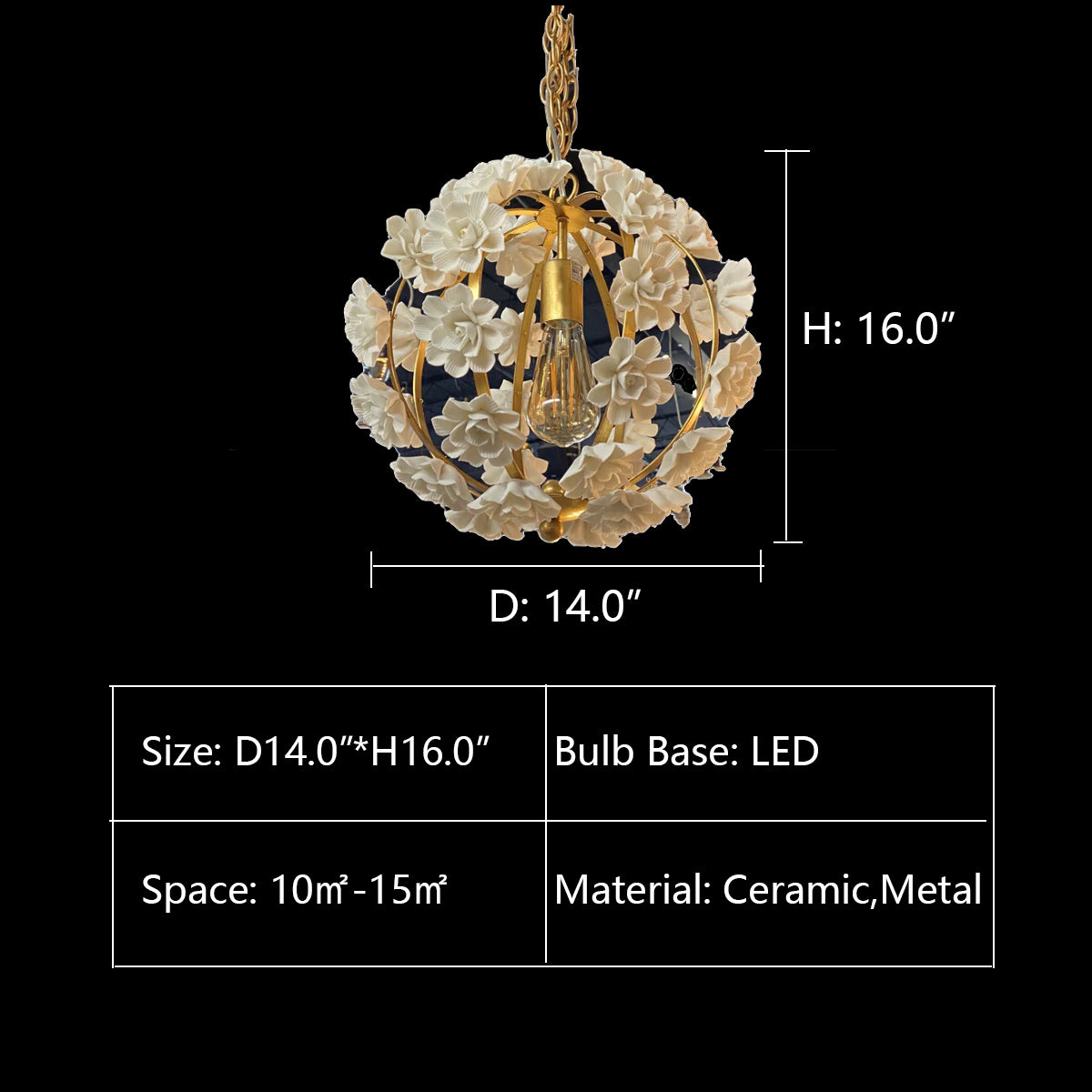 D14.0"*H16.0" Monte Carlo Round Flower Pendant,chandelier,chandeliers,ceramic,metal,gold,white,flower,branch,glass light,round,sphere,chain,creative,art,living room,dining room,bar,kitchen island,bedside