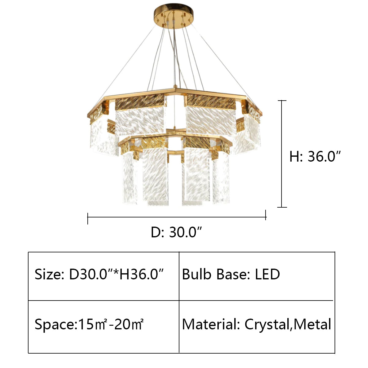 D30.0"*H36.0" Aimee 2-Tier Round LED Down-light Glass Chandelier,chandelier,chandeliers,round,ring,round ring,circle,ceiling,gold,crystal,tiers,layers,metal,living room,dining room,bedroom,foyer,hallway,entrys,home office