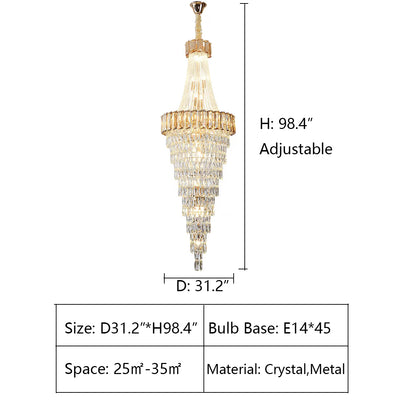 D31.2"*H98.4" chandelier,chandeliers,pendant,crystal,high quality k9 crystal,metal,gold,black,clear crystal,oversized,extra large,large,big,huge,,luxury,light luxury,ceiling,crystal chain,rods,living room,foyer,entrys,big hallway,spiral staircase,stairs,entryance,loft,duplex hall,hotel lobby