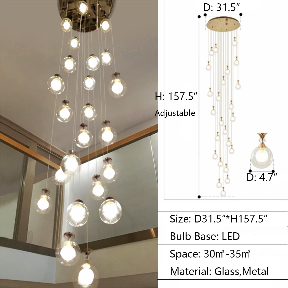 24Lights: D31.5"*H157.5" chandelier,chandeliers,ceiling,glass,metal,glass shade,ball,gold,sphere,round,ceiling,adjustable,extra long,long,living room,dining room,stairs,loft,entrys,hallway,duplex hall