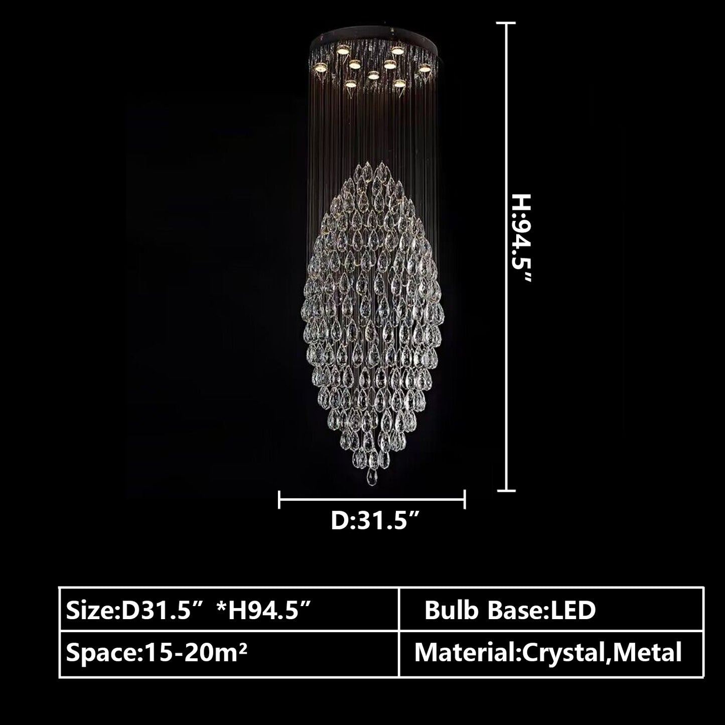 D31.5"*H94.5" chandelier,chandeliers,crystal,pendant,metal,oval,extra large,large,huge,big,oversized,long,raindrop,teardrop,flush mount,ceiling,living room,dining room,foyer,stairs,spiral staircase,entrys,hallway,hotel lobby,duplex hall,loft