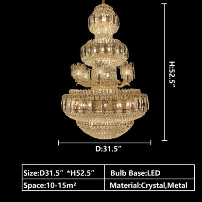 D31.5"*H52.5" chandelier,chaandeliers,pendant,crystal,metal,gold,luxury,empire,ceiling,tiers,layers,multi-tier,extra large,oversized,large,huge,big,living room,dining room,high-ceiling room,foyer,stairs,hallway,entryance,hotel lobby,duplex hall,loft