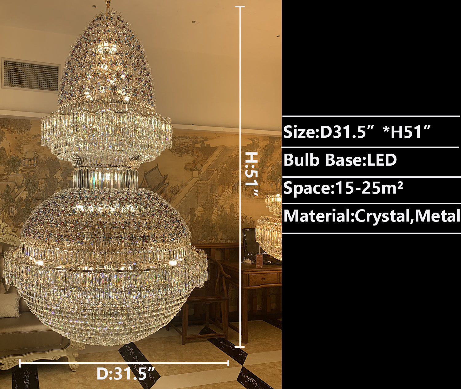 D31.5"*H51.0" chandelier,chaandeliers,pendant,crystal,metal,gold,luxury,empire,ceiling,tiers,layers,multi-tier,extra large,oversized,large,huge,big,living room,dining room,high-ceiling room,foyer,stairs,hallway,entryance,hotel lobby,duplex hall,loft