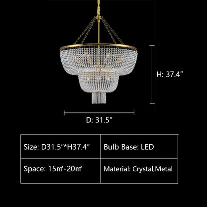 D31.5"*H37.4" chandelier,chandeliers,boho,modern,bead,crystal,chain,living room,dining room,foyer,entryance,ceiling,tiers,layers,round,circle,ring