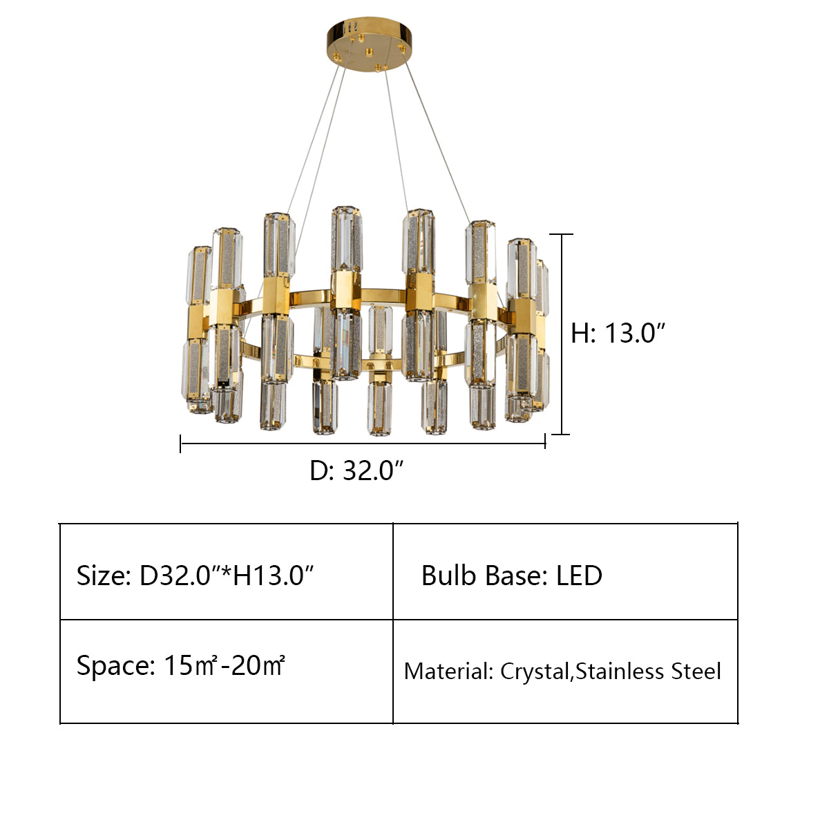 D32.0"*H13.0" OLIVIA 1-TIER ROUND CRYSTAL LED CHANDELIER,chandelier,chandeliers,pendant,light,lamp,crytsal,gold,luxury,rods,stainless steel,branch,round,rings,circle,luxury,chain,living roo,foyer,dining room,bedroom,enytrys,hallway