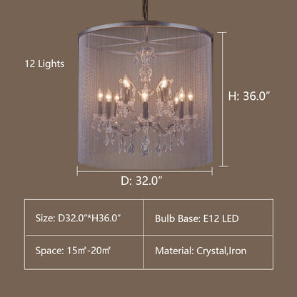 12Lights: D32.0"*H36.0"  VAILE CHAIN LINK CURTAIN CRYSTAL 12-LIGHT 32" CRYSTAL CHANDELIER,chandelier,chandeliers,pendant,crystal,iron,tassel,curtain,candle,crystal pendnat,branch,round,circle,raindrop,teardrop,chrome,silver,bedroom,dining room,living roo,foyer,entrys