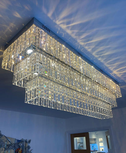 L31.5"*W11.8"*H15.8" chandelier,chandeliers,flush mount,ceiling,crystal,metal,extra large,oversized,rectangle,rectangular,tiers,layers,multi-tier,multi-layers,luxury,clear crystal,pendant,living room,dining room,bedroom,dinig table,bar,kitchen island,entrys,hallway