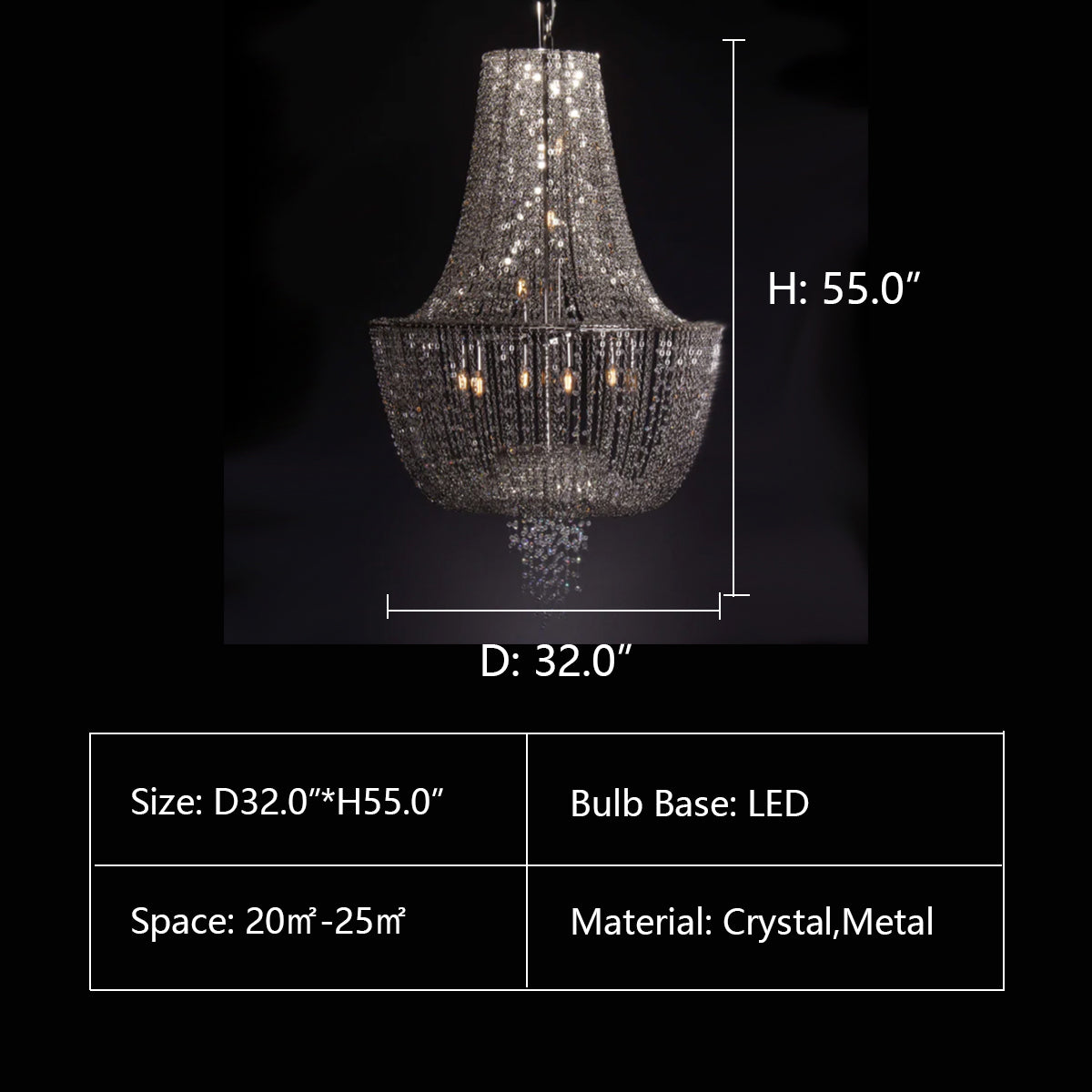 D32.0"*H55.0" Almarant Empire Chain Crystal Chandelier,CHANDELIER,CHANDELIERS,CRYSTAL,METAL,TASSEL,chrome,silver,candle,branch,ceiling,large,huge,big,stairs,foyers,living room,high-ceiling room,round,empire,pendant