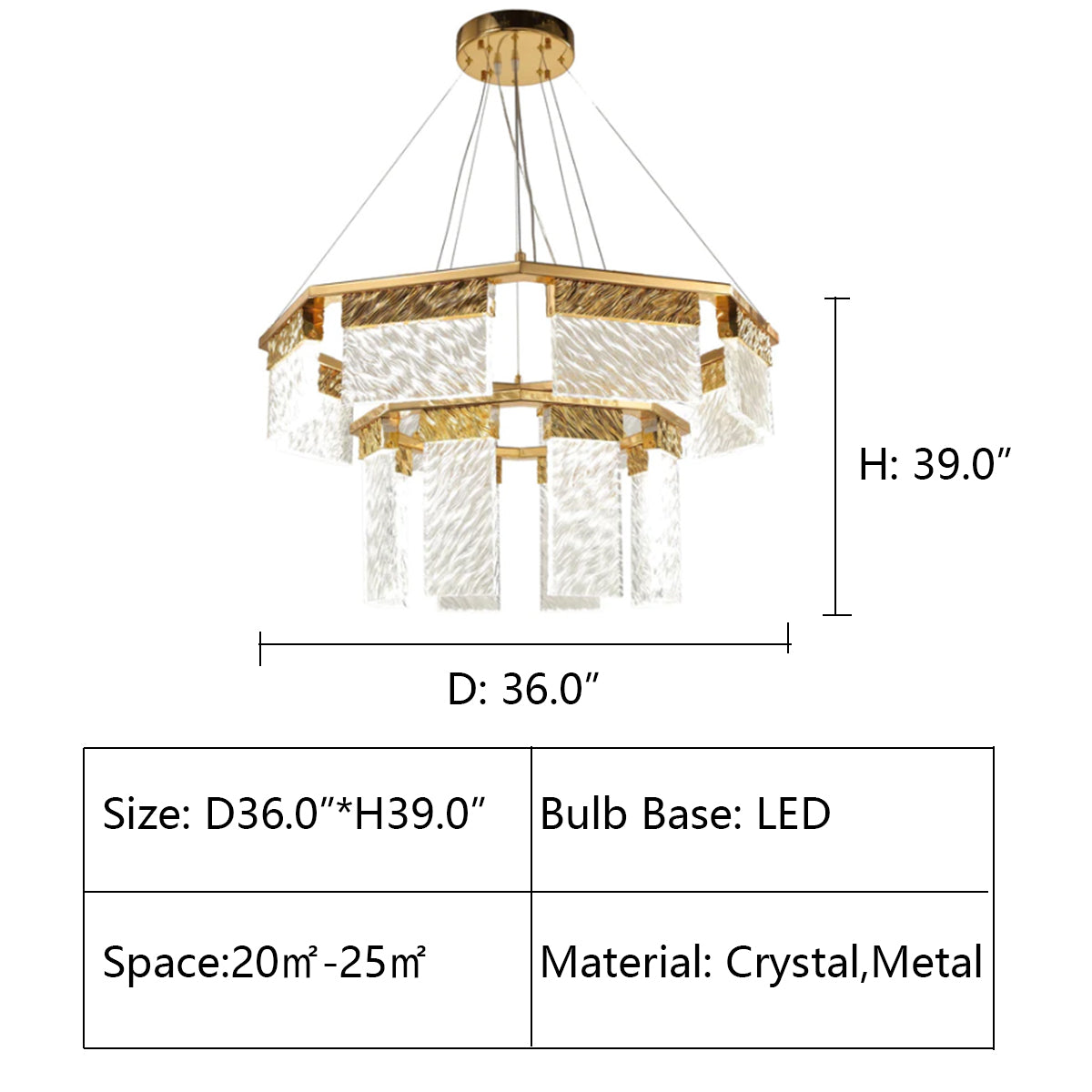 D36.0"*H39.0" Aimee 2-Tier Round LED Down-light Glass Chandelier,chandelier,chandeliers,round,ring,round ring,circle,ceiling,gold,crystal,tiers,layers,metal,living room,dining room,bedroom,foyer,hallway,entrys,home office