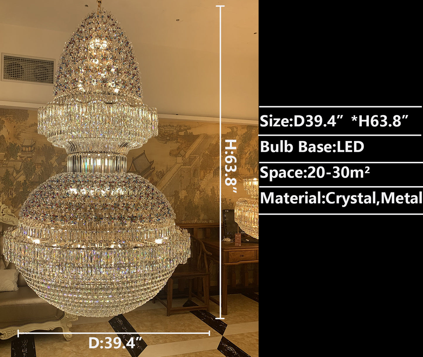 D39.4"*H63.8" chandelier,chaandeliers,pendant,crystal,metal,gold,luxury,empire,ceiling,tiers,layers,multi-tier,extra large,oversized,large,huge,big,living room,dining room,high-ceiling room,foyer,stairs,hallway,entryance,hotel lobby,duplex hall,loft