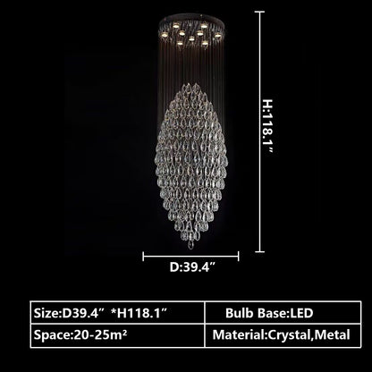 D39.4"*H118.1" chandelier,chandeliers,crystal,pendant,metal,oval,extra large,large,huge,big,oversized,long,raindrop,teardrop,flush mount,ceiling,living room,dining room,foyer,stairs,spiral staircase,entrys,hallway,hotel lobby,duplex hall,loft