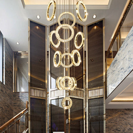 Modern Multi Gold Donuts Shape Crystal Chandelier Ring Round Light Fixture for Foyer Staircase/ Living Room/ Bar/ Hotel Lobby/ Entryway/ LOFT