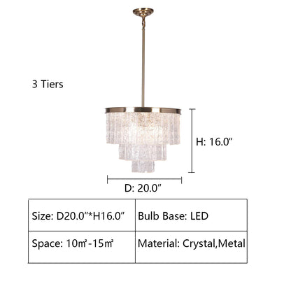 3 Tier: D20.0"*H16.0" Oliver Round Tiered Glass Tile Chandelier Collection,chandelier,chandeliers,crystal,round,metal,tier,layer,multi-tier,multi-layer,frost crystal,rods,piece,ceiling,pendant,oversized,huge,big,large,extra large,living room,dining room,foyer,entryance,hallway