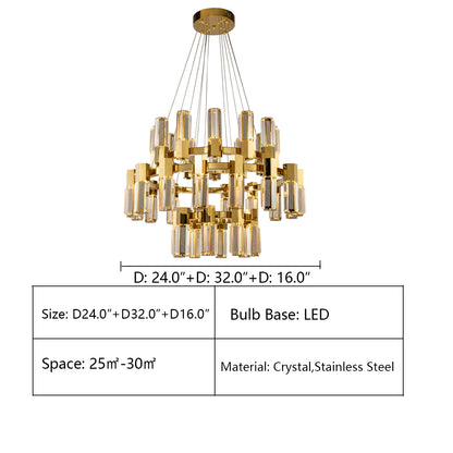 D24.0"+D32.0"+D16.0" OLIVIA 1-TIER ROUND CRYSTAL LED CHANDELIER,chandelier,chandeliers,pendant,light,lamp,crytsal,gold,luxury,rods,stainless steel,branch,round,rings,circle,luxury,chain,living roo,foyer,dining room,bedroom,enytrys,hallway