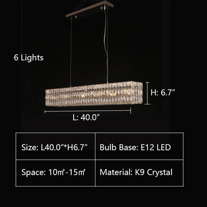 6Lights: L40.0"*H6.7" Mia Rectangular 3-Tier Crystal Chandelier,chandelier,chandeliers,rectangle,rectangular,crystal,stainless steel,ceiling,chain,long table,dining table,dining bar,bar,kitchen island,kitchen bar,big table