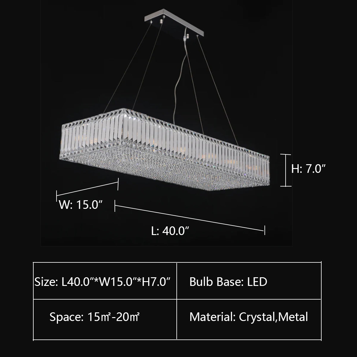 L40.0"*W15.0"*H7.0" Brickell Rectangular Crystal Chandelier,chandelier,chandeliers,crystal,metal,ceiling,rectangle,luxury,light luxury,dining table,long table,big table,dining barmbarmkitchen island,kitchen bar