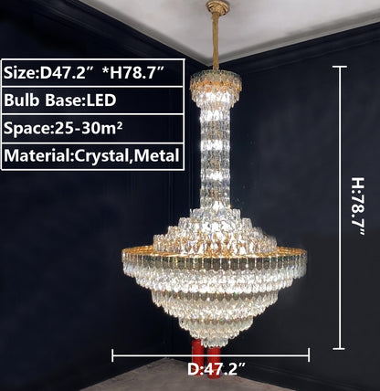 D47.2"*H78.7" chandelier,chandeliers,pendant,crystal,metal,empire,round,long,oversized,extra large,extra long,large,big,huge,luxury,modern,light luxury,stairs,living room,hallway,entrys,foyer,tiers,layers,multi-tier,multi-layer,clear