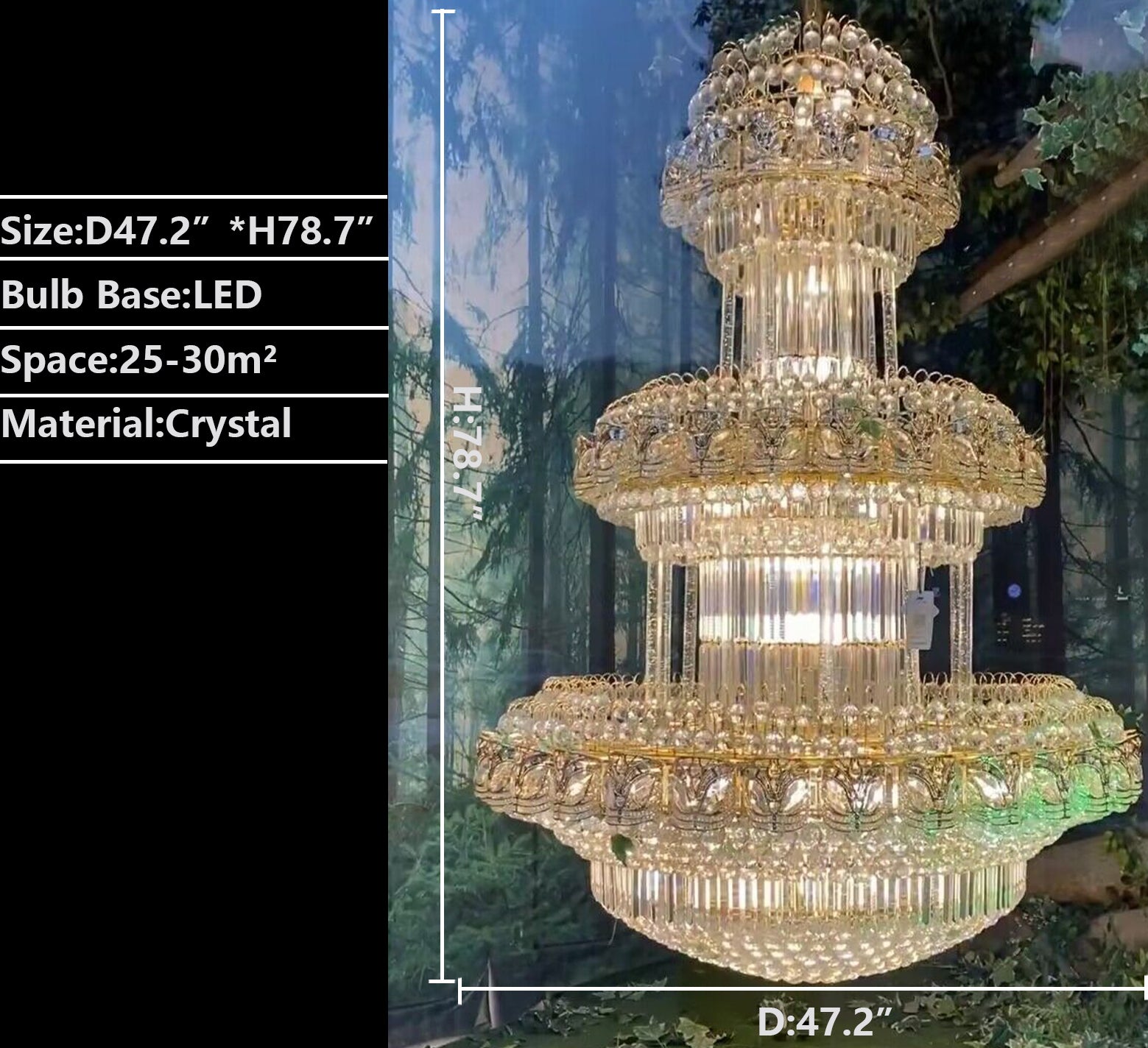 D47.2"*H78.7" chandelier,chaandeliers,pendant,crystal,metal,gold,luxury,empire,ceiling,tiers,layers,multi-tier,extra large,oversized,large,huge,big,living room,dining room,high-ceiling room,foyer,stairs,hallway,entryance,hotel lobby,duplex hall,loft