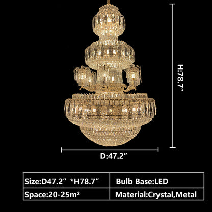 D47.2"*H78.7" chandelier,chaandeliers,pendant,crystal,metal,gold,luxury,empire,ceiling,tiers,layers,multi-tier,extra large,oversized,large,huge,big,living room,dining room,high-ceiling room,foyer,stairs,hallway,entryance,hotel lobby,duplex hall,loft