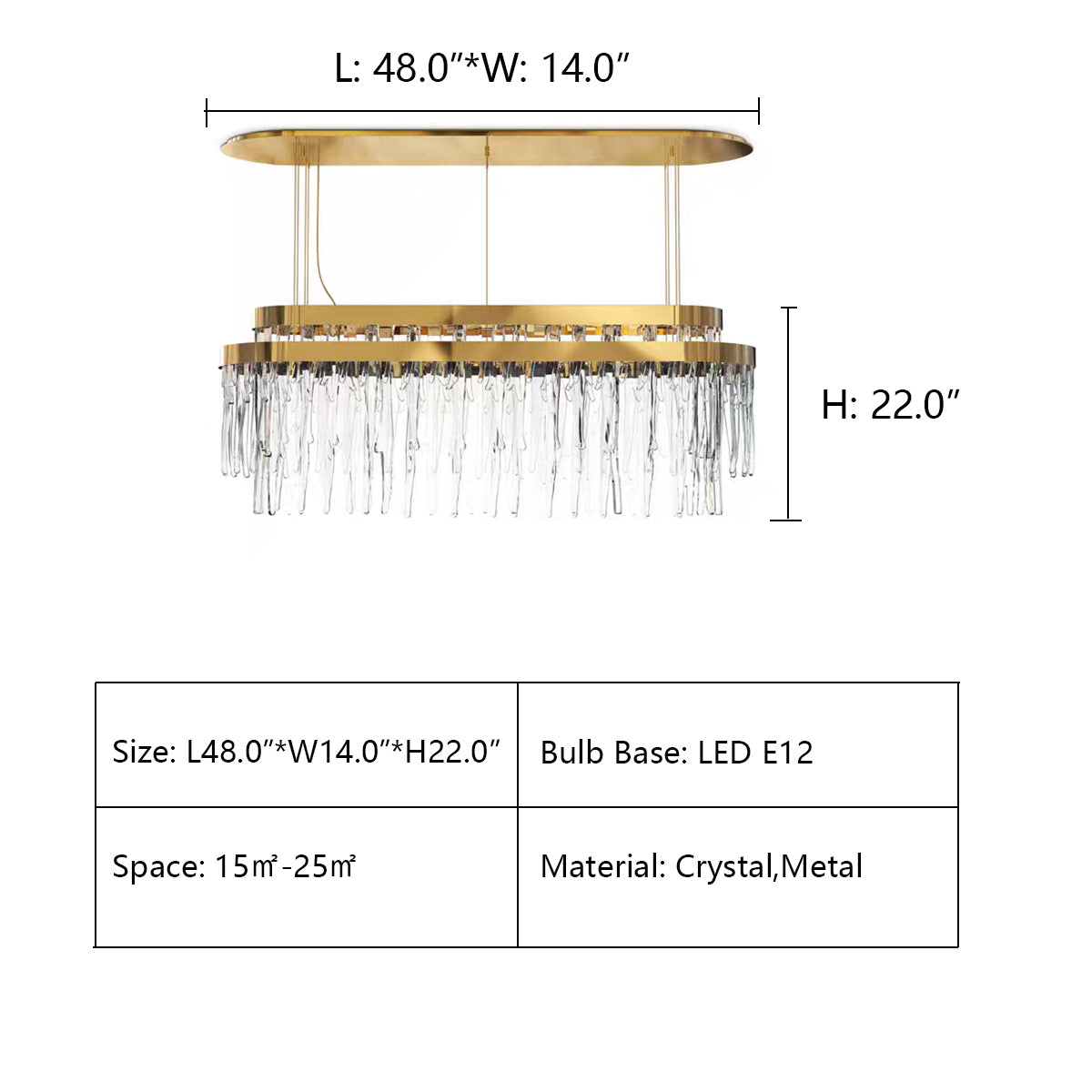 L48.0"*W14.0"*H22.0"  LAVAL WATERFALL TUBULAR LINEAR CHANDELIER,chandelier,chandelirs,crystal,metal,gold,clear,transparent,tiers,layers,flush mount,ceiling,dining table,long table,big tabloe,kitchen island,kitchen bar,dining bar
