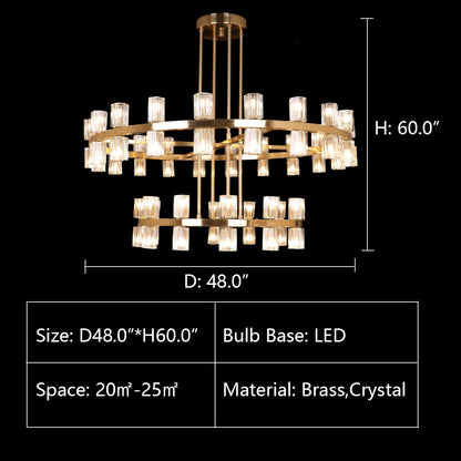 D48.0"*H60.0" Arroseur 2-Tier 48W Round Crystal Chandelier,chandelier,chandeliers,round,circle,rings,two layers,2 tiers,ceiling,flush mount,gold,living room,oversized,huge,big,large,extra large,dining room,hallway,entryance,foyer