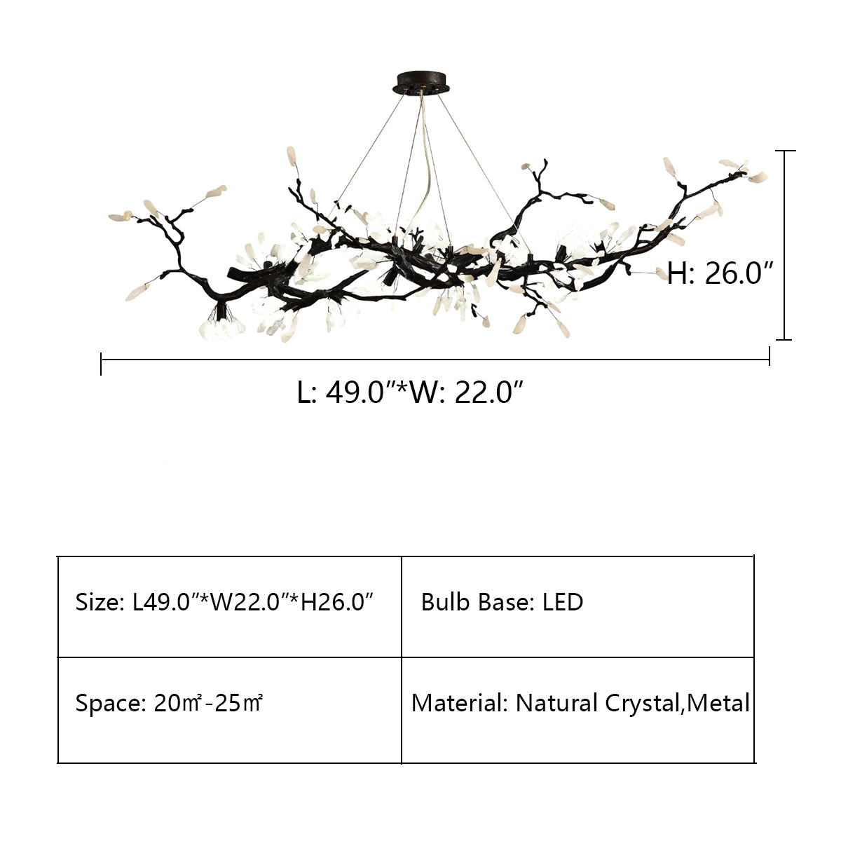 L49.0"*W22.0"*H26.0" JAPANESE BLOSSOM BRANCHING TREE CHANDELIER,chandelier,chandeliers,branch,creative,artistic,flover,white,tree,natural,large,huge,big,long,oversized,kitchen island,black metal,natural crystal,dining room,living room,pendant