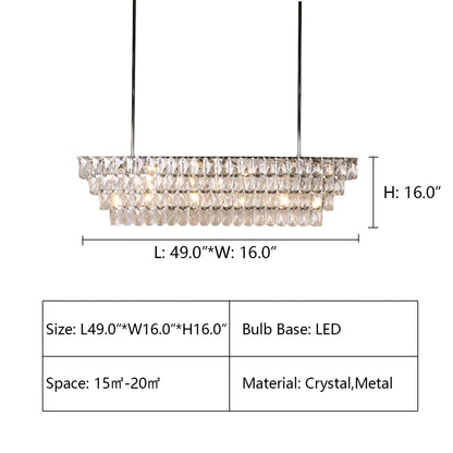 L49.0"*W16.0"*H16.0" ABRIELLE CRYSTAL RECTANGULAR CHANDELIER,chandelier,chandeliers,pendant,dining room,dining table,long table,big table,kitchen island,living room,bar,kitchen bar,crystal,metal,luxury