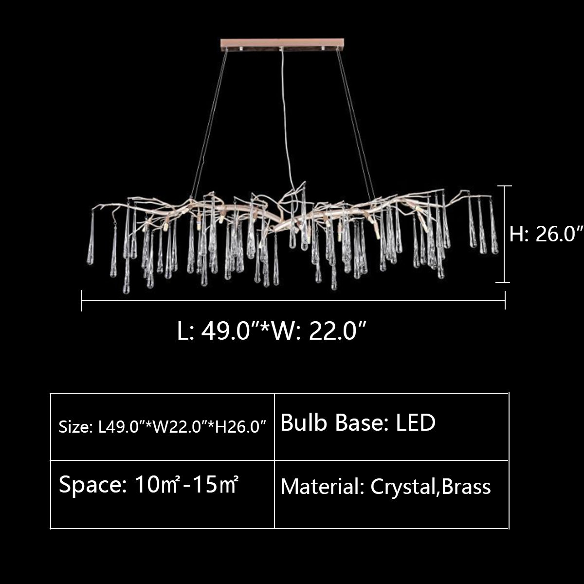 L49.0"*W22.0"*H26.0" John Richard Brass and Glass Teardrop Nine-Light Chandelier,LUKAS LINEAR ORGANIC BRANCHING CHANDELIER,chandelier,chandeliers,brass,copper,branch,crystal pendant,crystal,raindrop,teardrop,dining table,long table,big table,kitchen bar,kitchen island,dining bar,gold