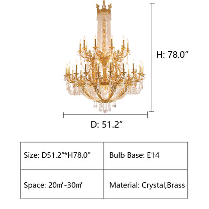 D51.2"*H78.0" chandelier,chandeliers,pendant,crystal,metal,clear crystal,candle,branch,round,raindrop,teardrop,extra large,oversized,large,huge,big,round,living room,luxury,dining room,modern,foyer,stairs,hallway,entrys,hotel lobby,duplex hall,loft,gold,brass,copper