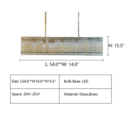 L54.0"*W14.0"*H15.5" CARMEL RECTANGULAR RIBBED GLASS TILE CHANDELIER,CHANDELIER,CHANDELIERS,pendant,long,oversized,large,extra large,long table,big table,dining bar,kitchen island,kitchen bar,living room,rectangle,tilw,prismatic