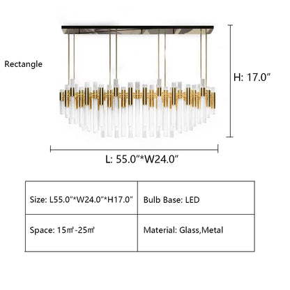 Rectangle: L55.0"*W24.0"*H17.0"  EMINENCE TUBULAR GLASS RECTANGULAR CHANDELIER,chandelier,chandeliers,pendant,long table,big table,kitchen island,dining bar,kitchen bar,dining table,living room,foyer,extra large,large,huge,big,oversized,glass,glass rod,rods,metal,branch,ceiling ,flush mount